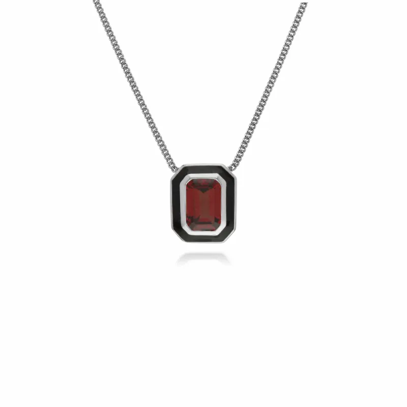 Art Deco Style Octagon Garnet & Black Enamel Necklace in 925 Sterling Silver sold by Gemondo Jewellery