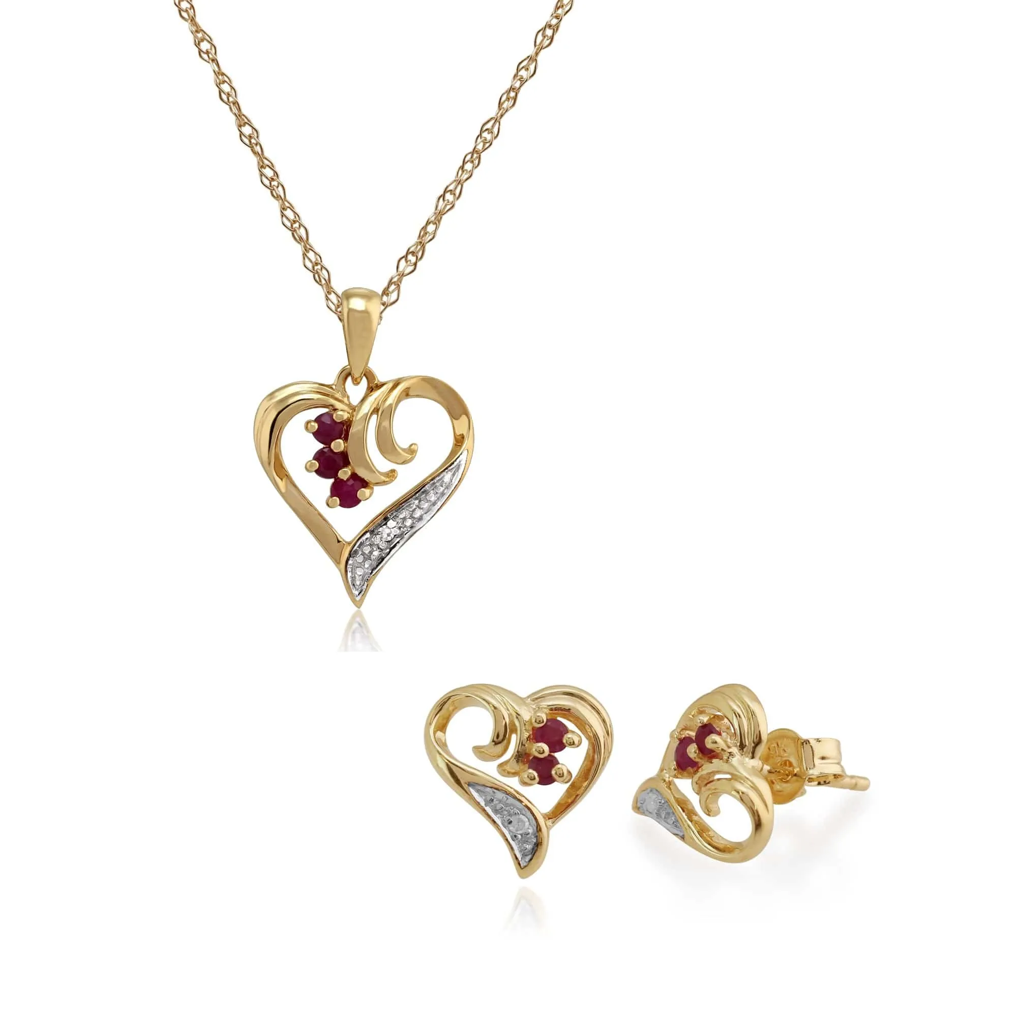 Classic Round Ruby & Diamond Love Heart Stud Earrings & Pendant Set in 9ct Yellow Gold sold by Gemondo Jewellery