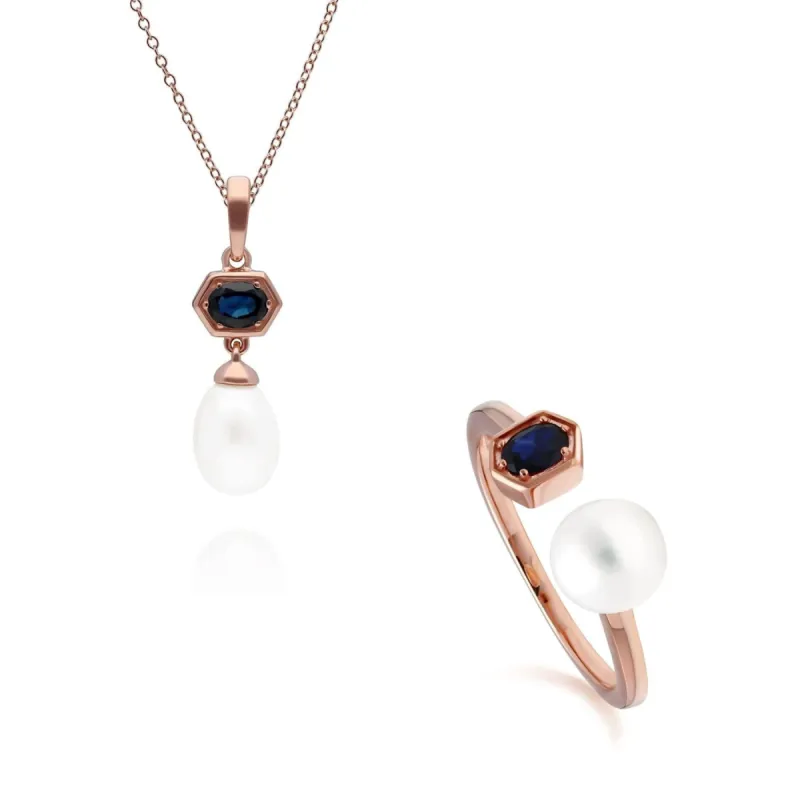 Modern Pearl & Sapphire Ring & Pendant Set in Rose Gold Plated Silver sold by Gemondo Jewellery