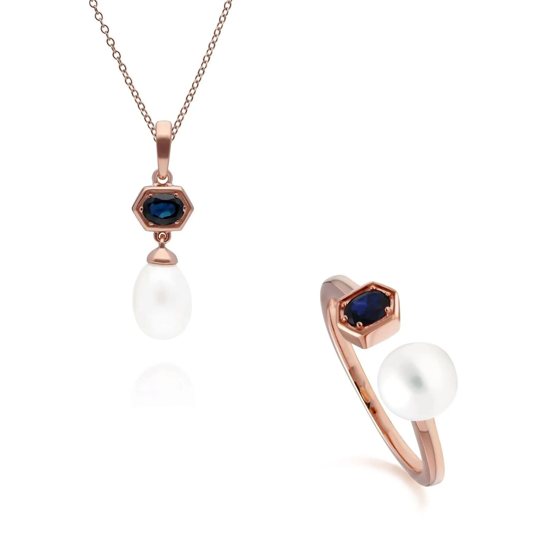 Modern Pearl & Sapphire Ring & Pendant Set in Rose Gold Plated Silver sold by Gemondo Jewellery