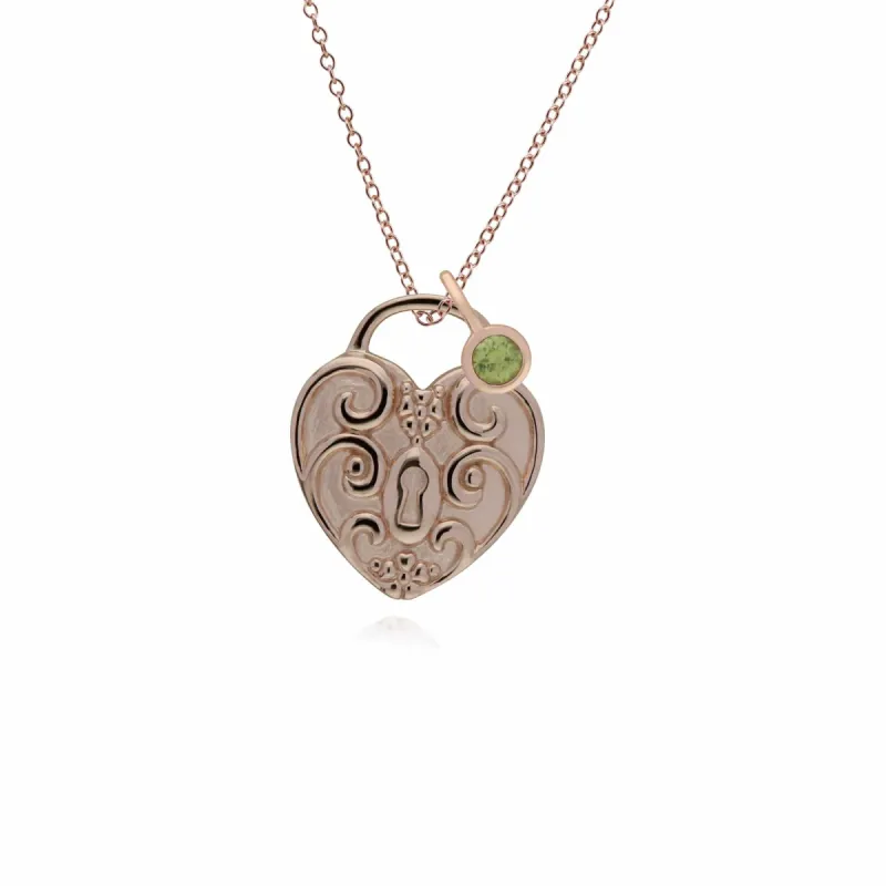 Classic Swirl Heart Lock Pendant & Peridot Charm in Rose Gold Plated 925 Sterling Silver sold by Gemondo Jewellery