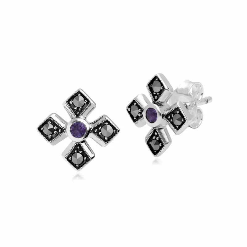 Gemondo Sterling Silver Marcasite & Amethyst Stud Earrings sold by Gemondo Jewellery