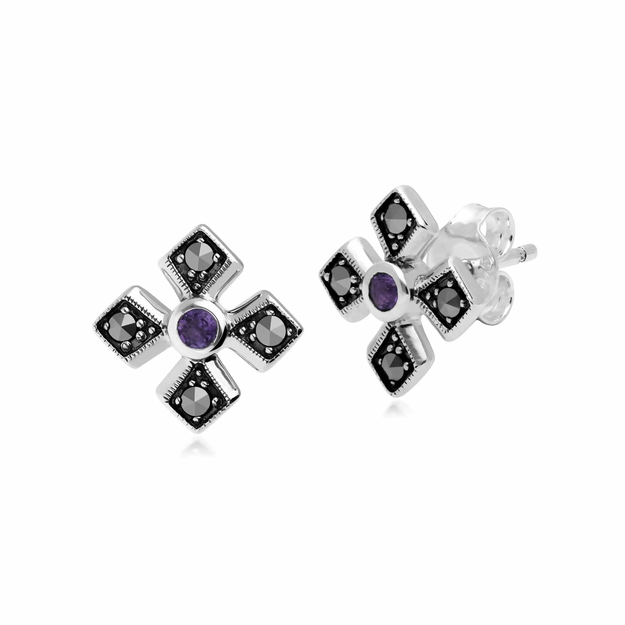 Gemondo Sterling Silver Marcasite & Amethyst Stud Earrings sold by Gemondo Jewellery