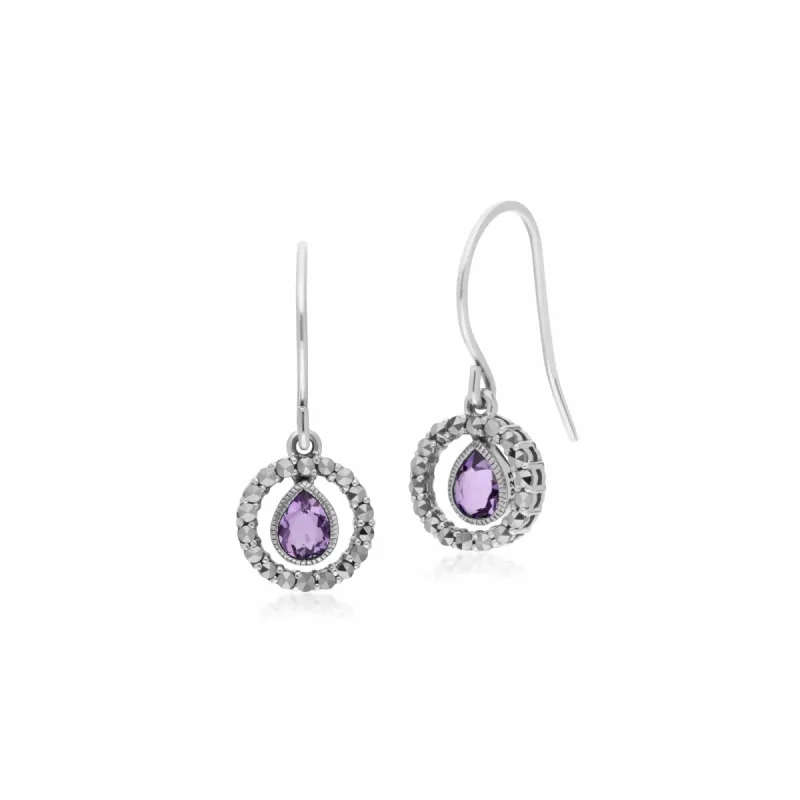 Classic Pear Amethyst & Marcasite Round Halo Drop Earrings in Sterling Silver sold by Gemondo Jewellery