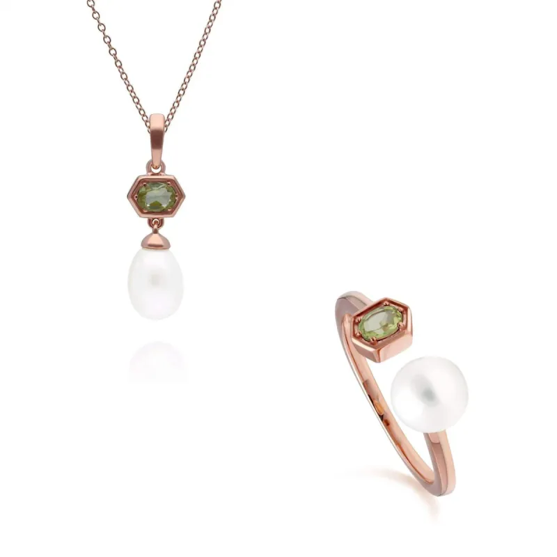 Modern Pearl & Peridot Pendant & Ring Set in Rose Gold Plated Silver sold by Gemondo Jewellery