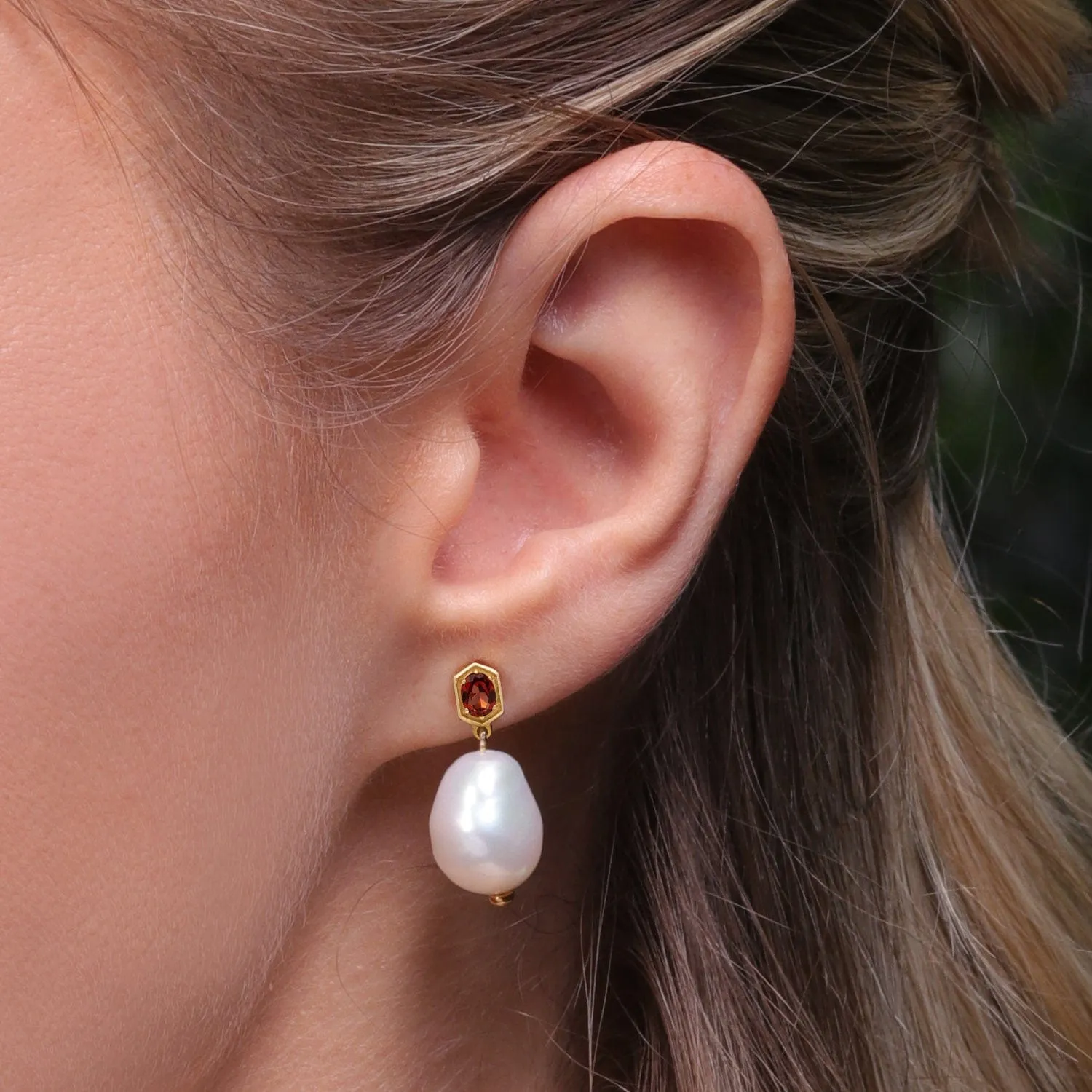 Modern Baroque Pearl & Garnet Drop Earrings in Gold Plated Silver sold by Gemondo Jewellery product image thumbnail 2
