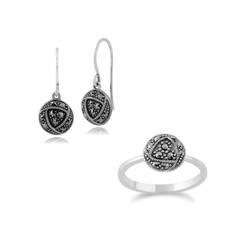 Rennie Mackintosh Inspired Round Marcasite Glasgow Rose Drop Earrings & Ring Set in 925 Sterling Silver sold by Gemondo Jewellery