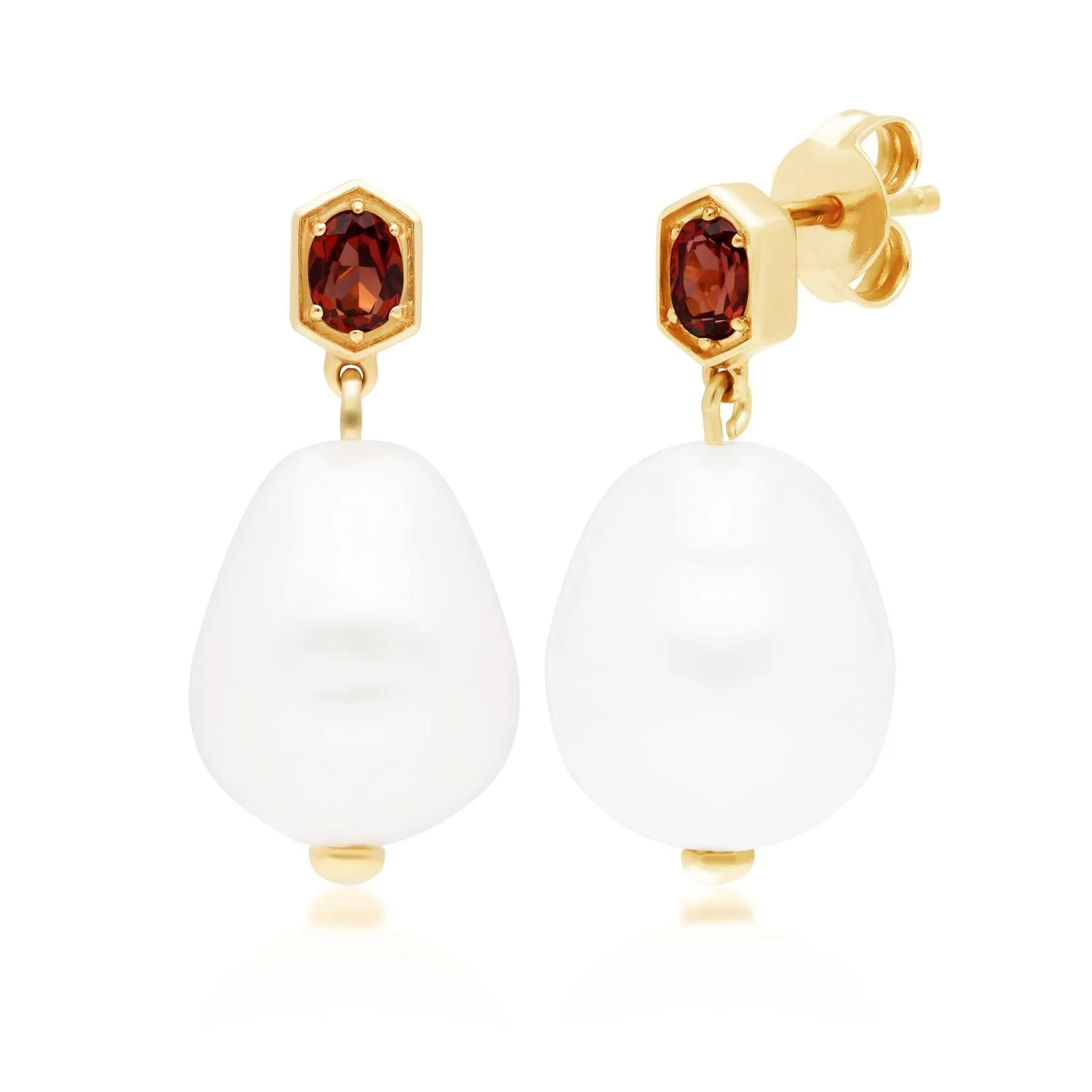 Modern Baroque Pearl & Garnet Drop Earrings in Gold Plated Silver sold by Gemondo Jewellery