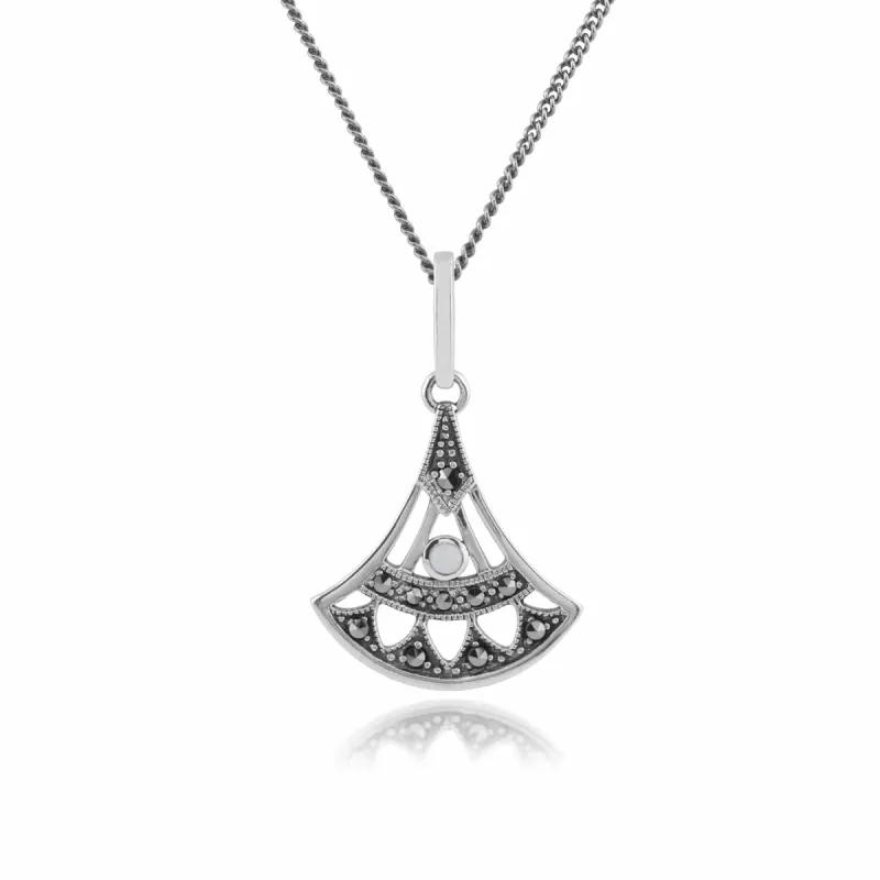 Art Deco Style Round Opal & Marcasite Open Work Fan Drop Pendant in 925 Sterling Silver sold by Gemondo Jewellery