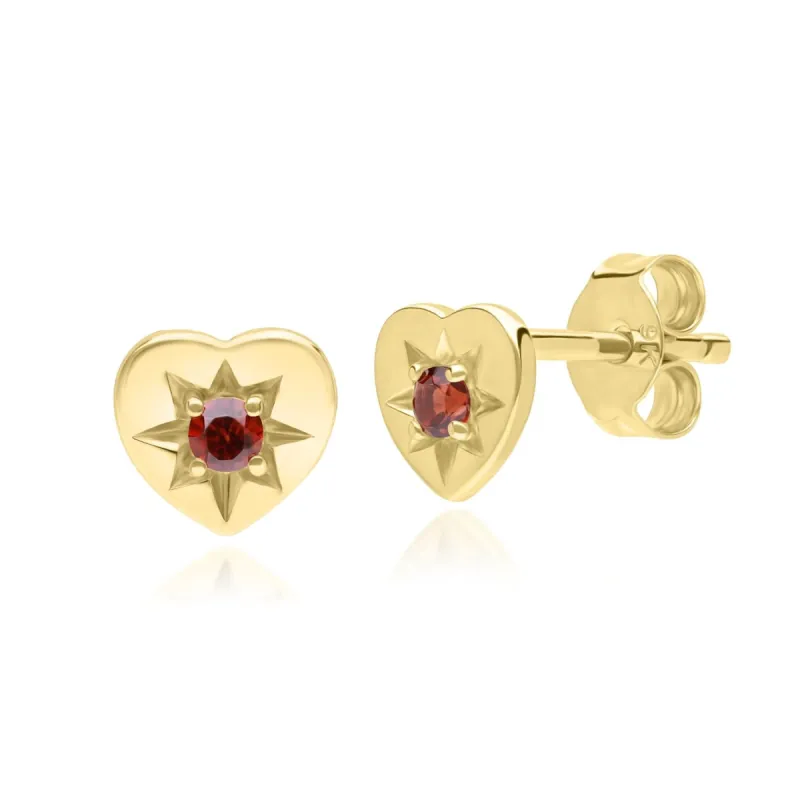 ECFEW™ 'The Liberator' Garnet Heart Stud Earrings in 9ct Yellow Gold sold by Gemondo Jewellery