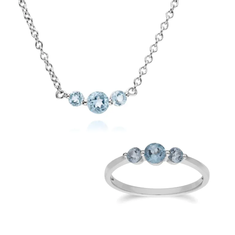 Classic Round Blue Topaz Three Stone Gradient Ring & Necklace Set in 925 Sterling Silver sold by Gemondo Jewellery