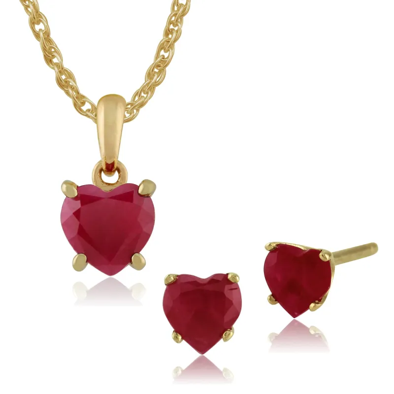 Classic Heart Ruby Single Stone Love Heart Stud Earrings & pendant Set in 9ct Yellow Gold sold by Gemondo Jewellery