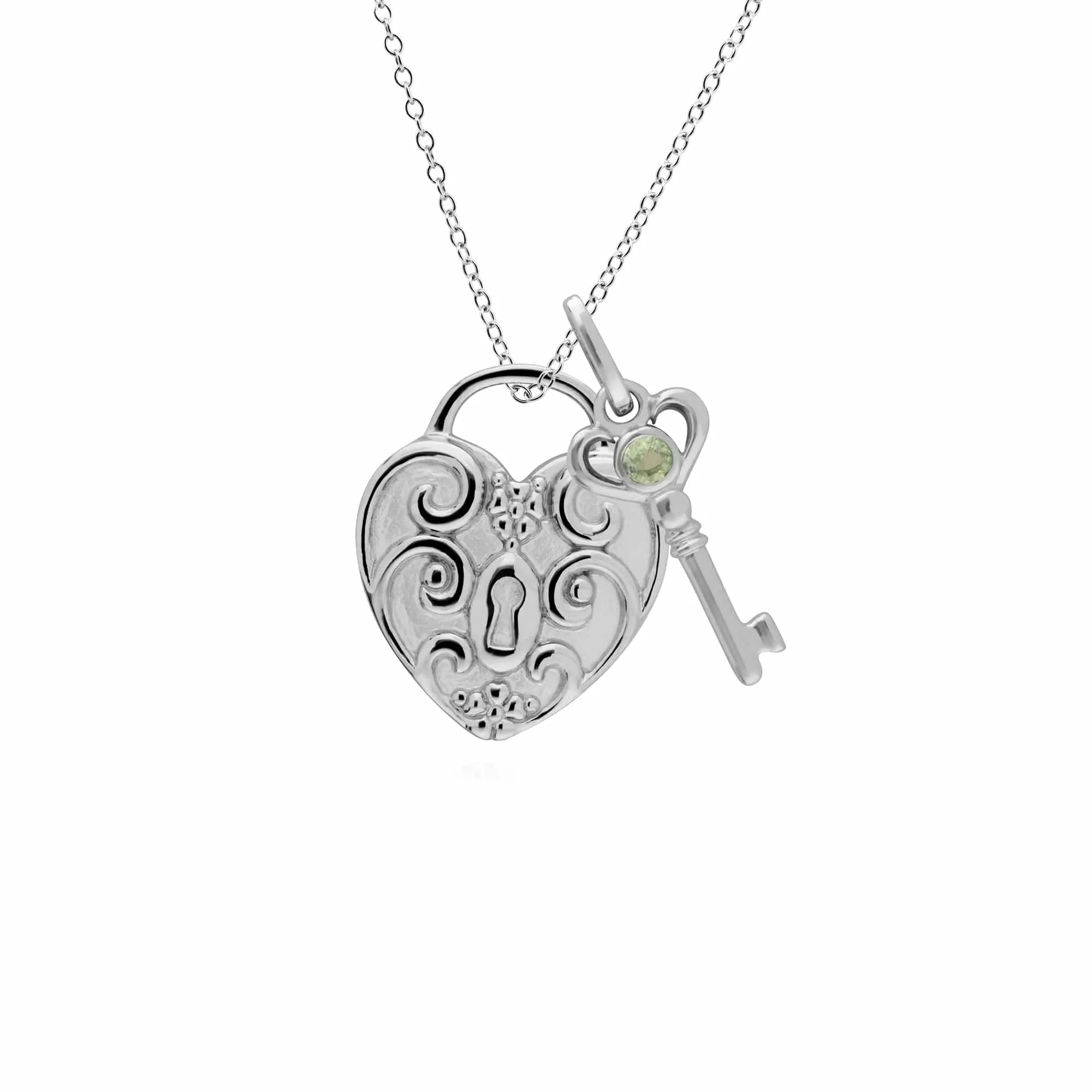 Classic Swirl Heart Lock Pendant & Peridot Key Charm in 925 Sterling Silver sold by Gemondo Jewellery