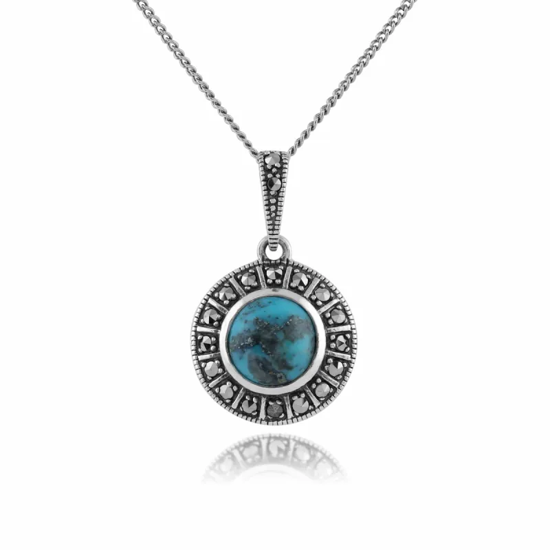 Art Deco Style Round Turquoise Cabochon & Marcasite Pendant in 925 Sterling Silver sold by Gemondo Jewellery