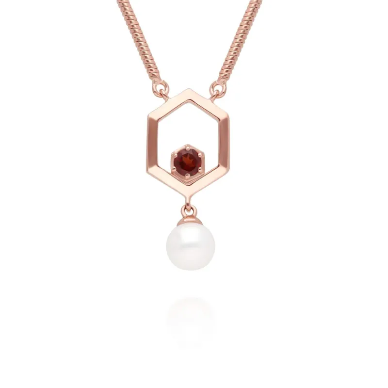 Modern Pearl & Garnet Hexagon Drop Necklace in Rose Gold Plated Silver sold by Gemondo Jewellery