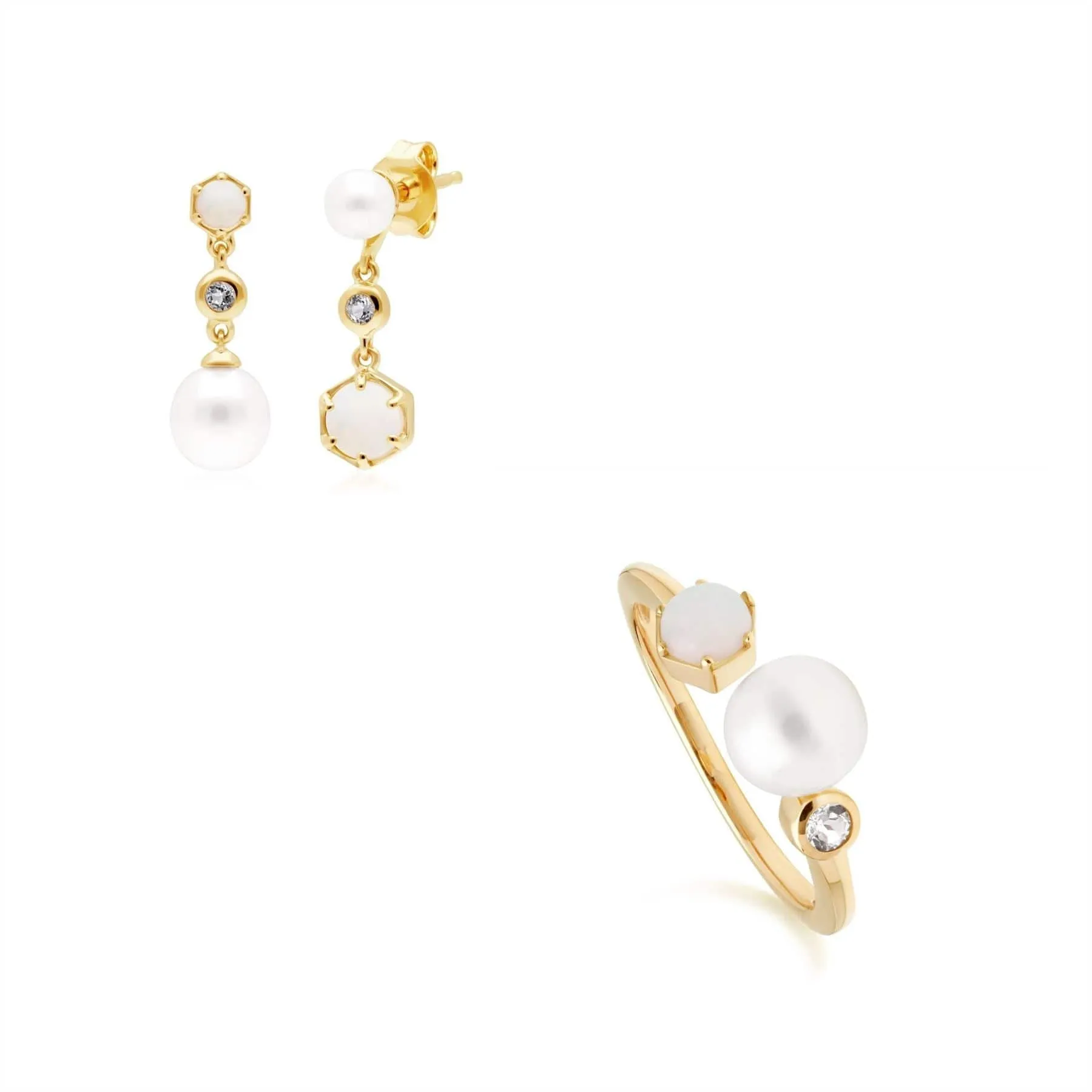 Modern Pearl, Topaz & Opal Earring & Ring Set in Gold Plated Silver sold by Gemondo Jewellery