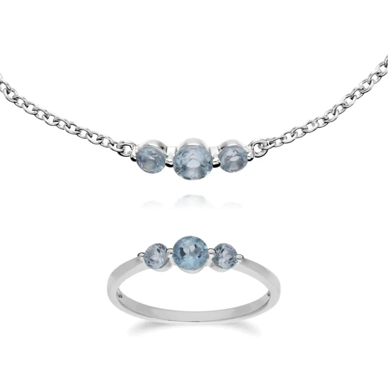 Classic Round Blue Topaz Three Stone Bracelet & Trilogy Ring Set in 925 Sterling Silver sold by Gemondo Jewellery