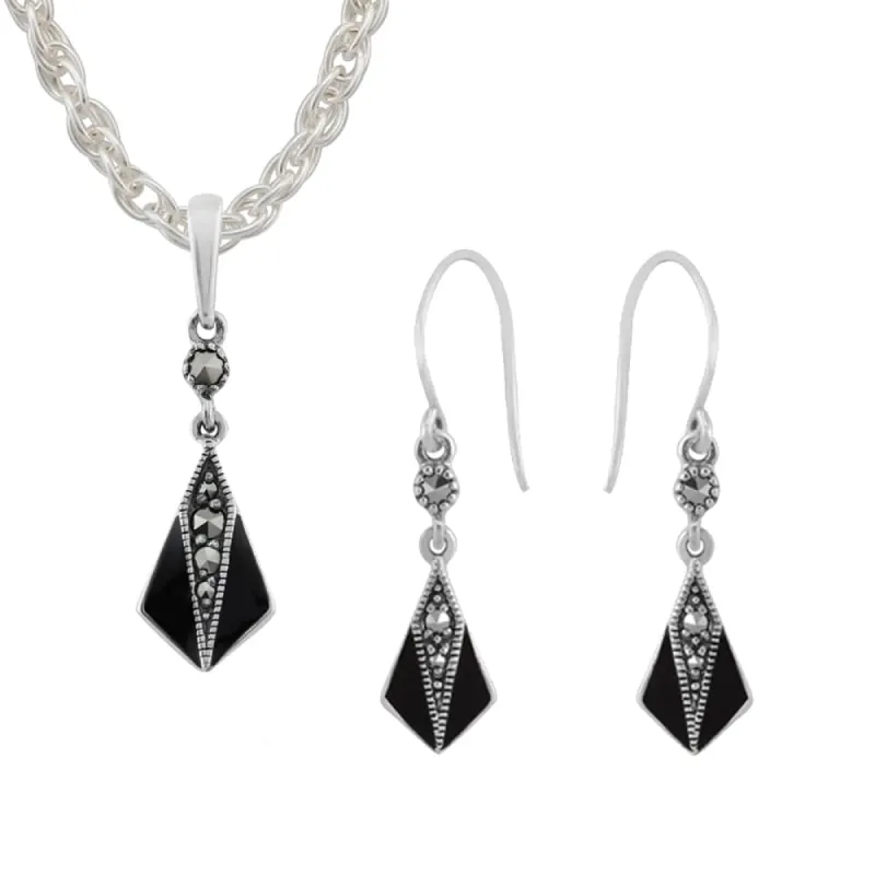 Art Deco Style Round Marcasite & Black Enamel Small Fan Drop Earrings & Pendant Set in 925 Sterling Silver sold by Gemondo Jewellery