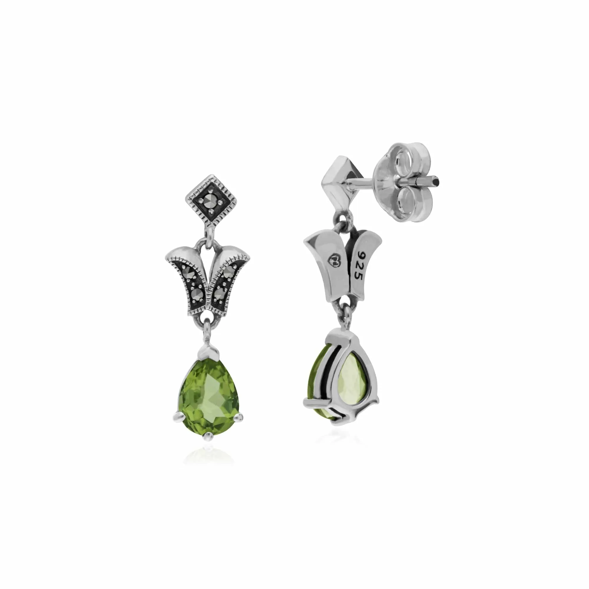 Art Nouveau Style Pear Peridot & Marcasite Drop Earrings in 925 Sterling Silver sold by Gemondo Jewellery product image thumbnail 2