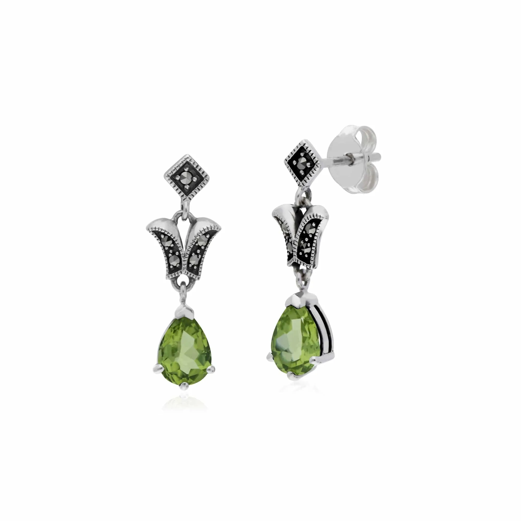 Art Nouveau Style Pear Peridot & Marcasite Drop Earrings in 925 Sterling Silver sold by Gemondo Jewellery