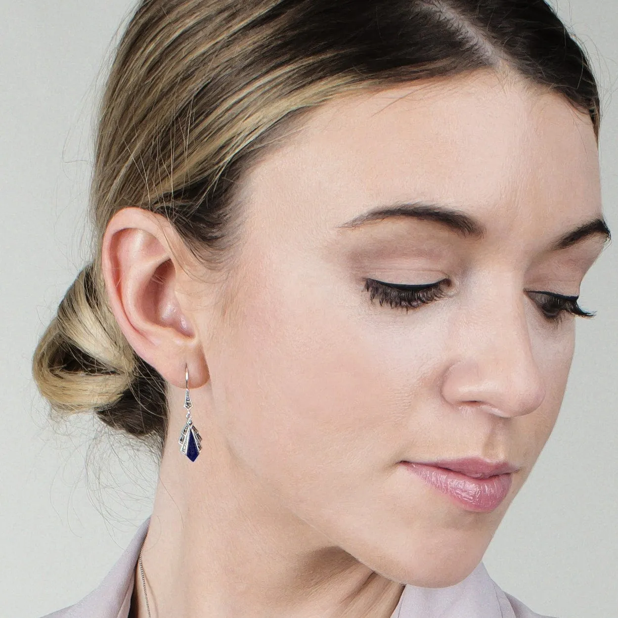 Art Deco Style Diamond Lapis Lazuli & Marcasite Drop Earrings in 925 Sterling Silver sold by Gemondo Jewellery product image thumbnail 2