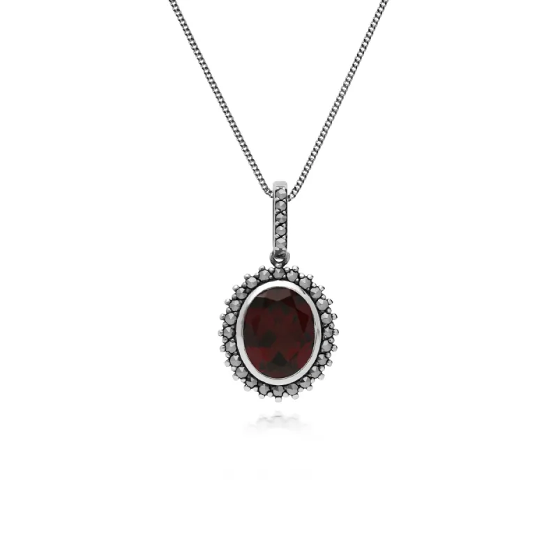 Gemondo Sterling Silver Garnet & Marcasite Oval Pendant with 45cm Chain sold by Gemondo Jewellery