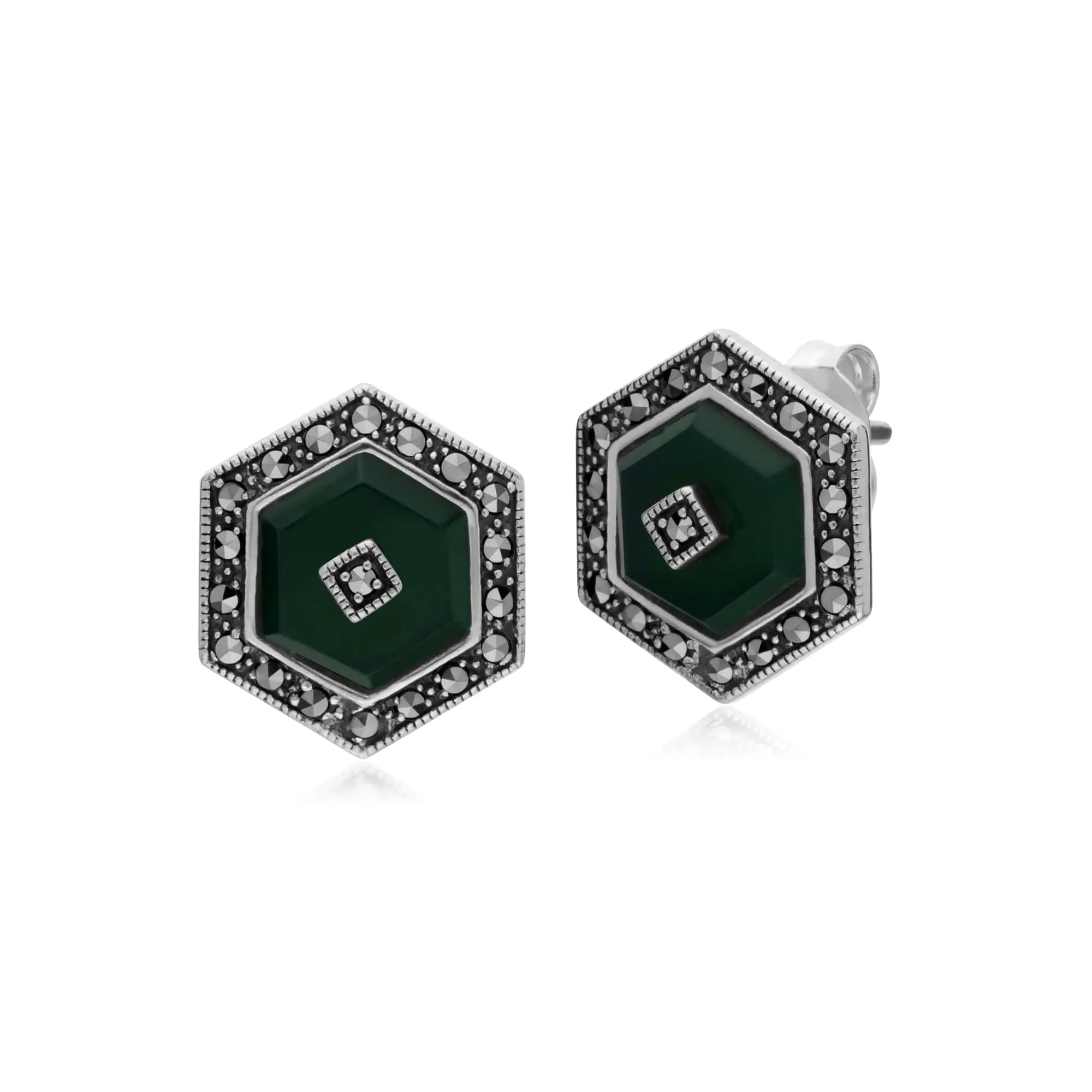 Art Deco Style Dyed Green Chalcedony & Marcasite hexagon Stud Earrings in 925 Sterling Silver sold by Gemondo Jewellery
