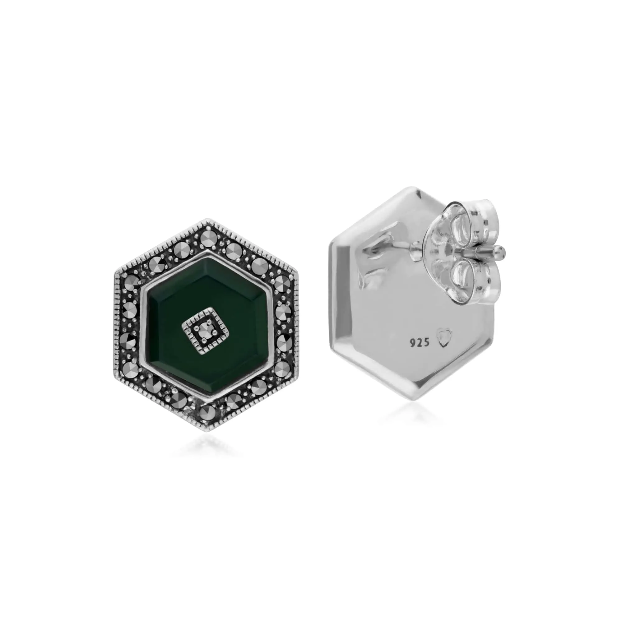 Art Deco Style Dyed Green Chalcedony & Marcasite hexagon Stud Earrings in 925 Sterling Silver sold by Gemondo Jewellery product image thumbnail 2