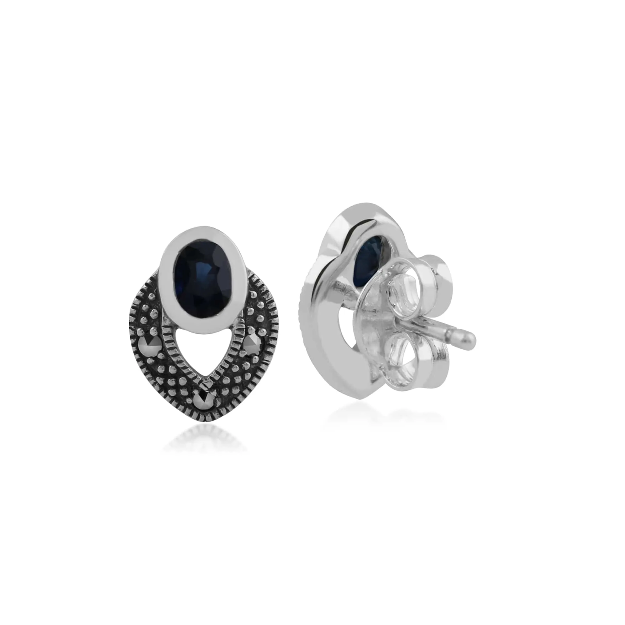 Art Deco Style Oval Sapphire & Marcasite Stud Earrings in 925 Sterling Silver sold by Gemondo Jewellery product image thumbnail 2