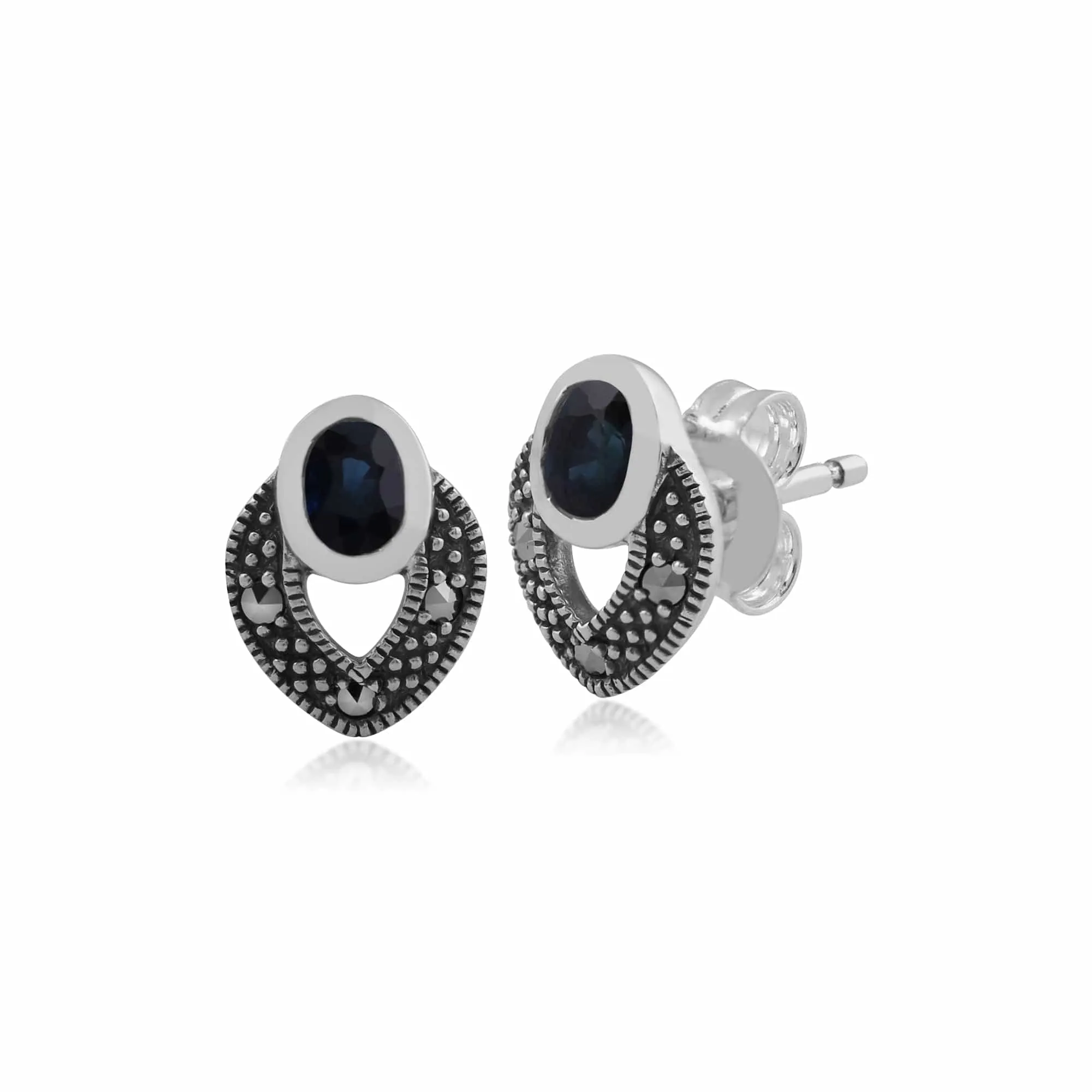 Art Deco Style Oval Sapphire & Marcasite Stud Earrings in 925 Sterling Silver sold by Gemondo Jewellery