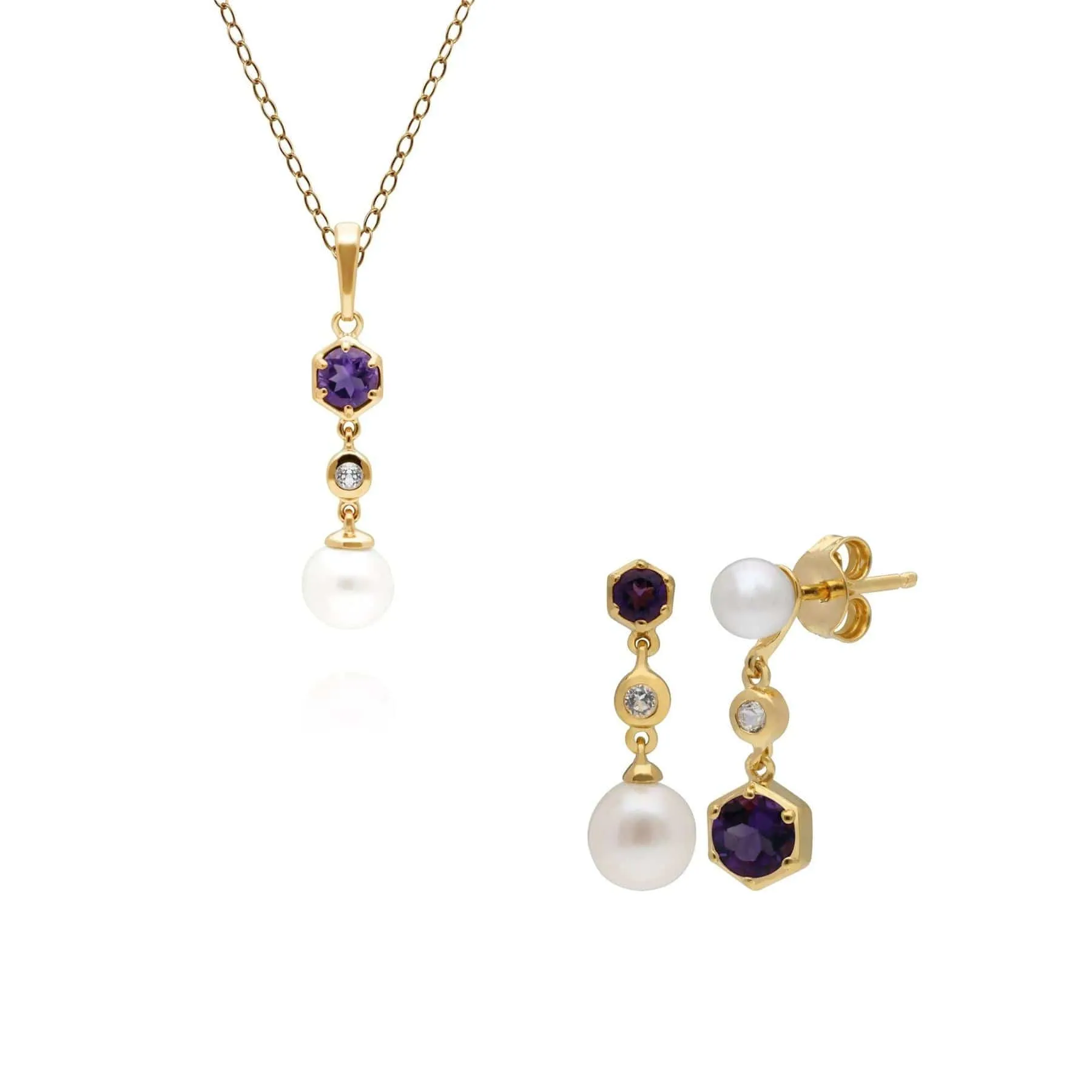 Modern Pearl, Topaz & Amethyst Pendant & Earring Set in Gold Plated Silver sold by Gemondo Jewellery