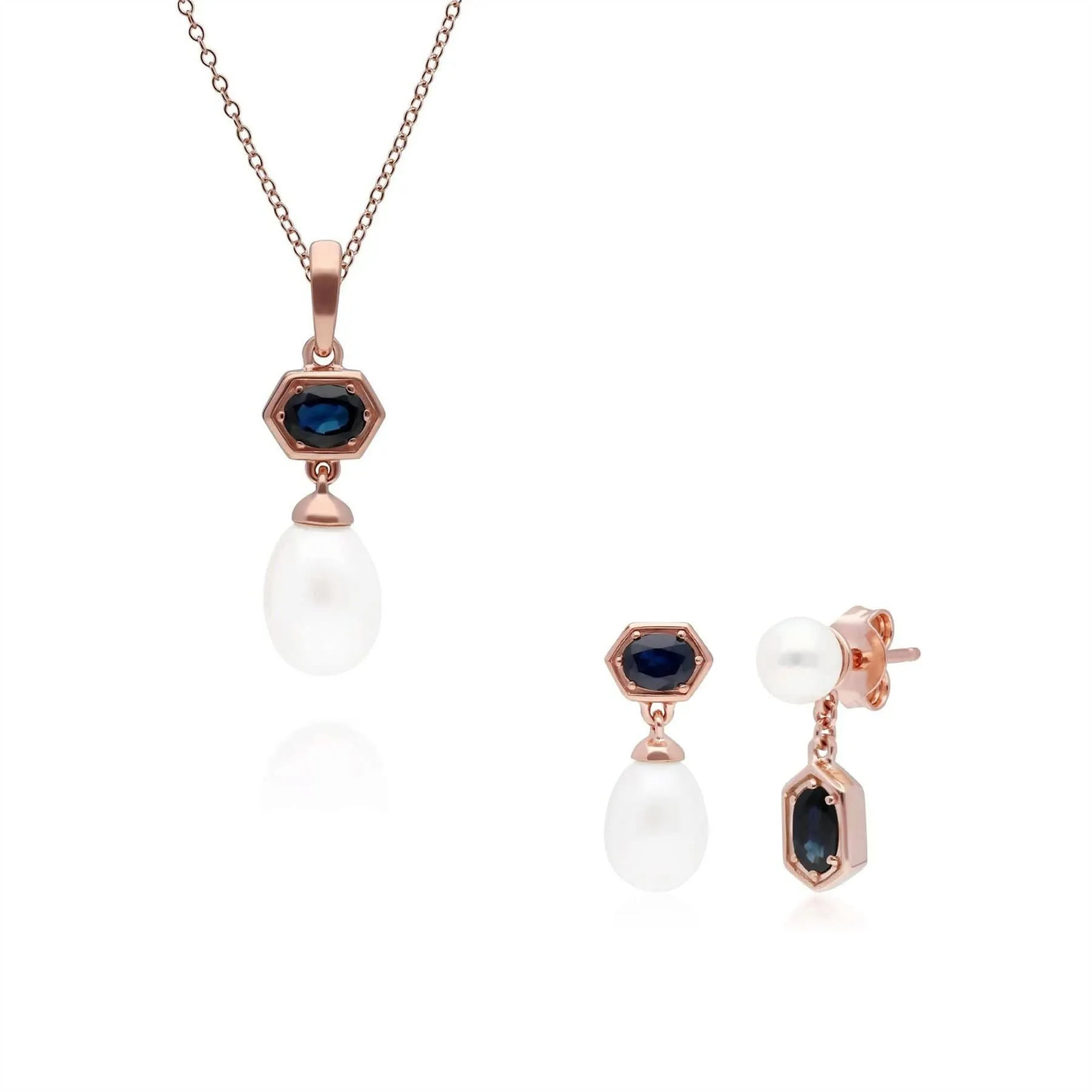 Modern Pearl & Sapphire Pendant & Earring Set in Rose Gold Plated Silver sold by Gemondo Jewellery