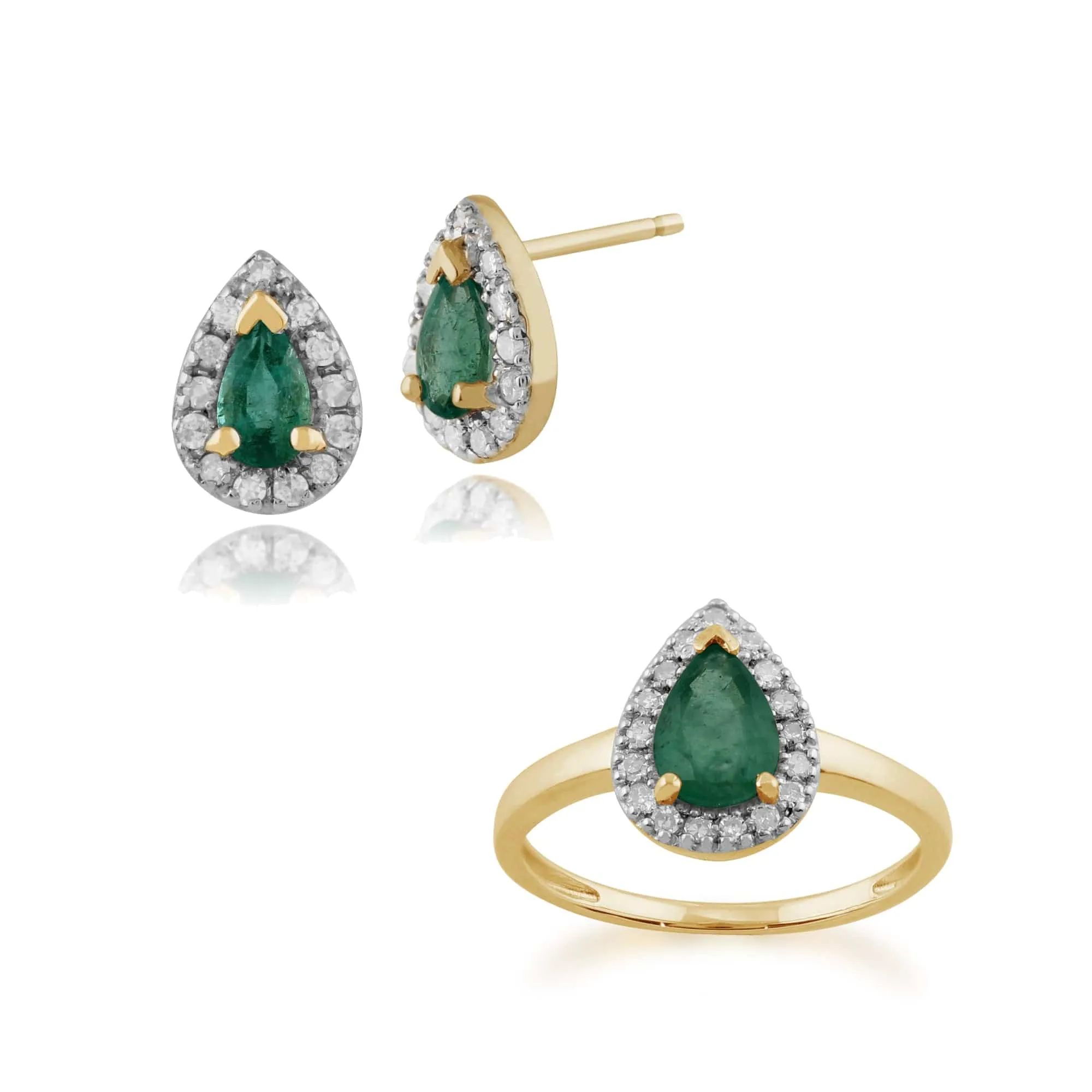 Classic Pear Emerald & Diamond Halo Stud Earrings & Ring Set in 9ct Yellow Gold sold by Gemondo Jewellery