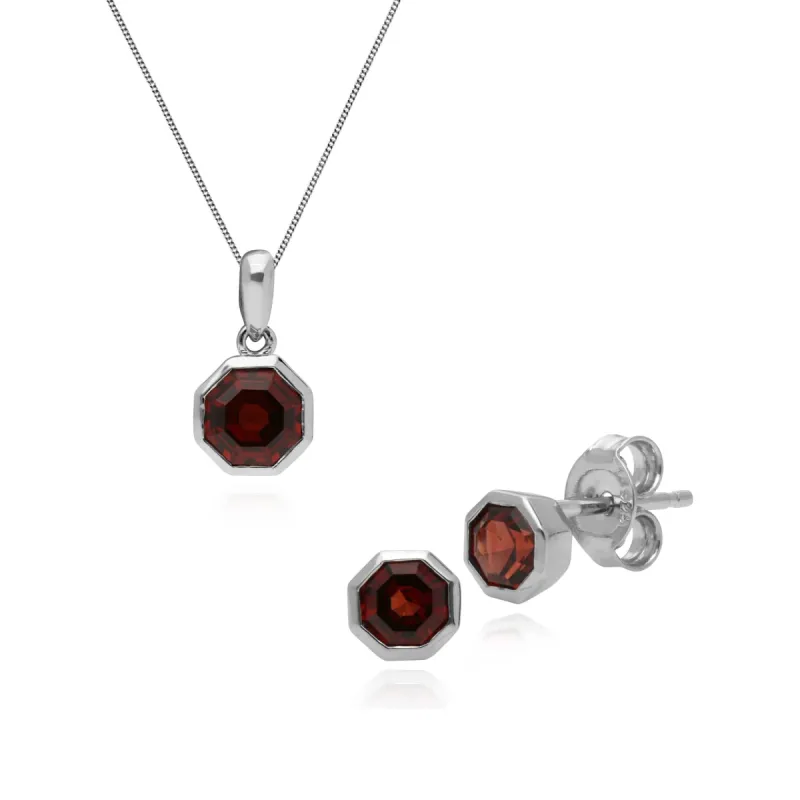 Geometric Octagon Garnet Bezel Stud Earrings & Pendant Set in 925 Sterling Silver sold by Gemondo Jewellery