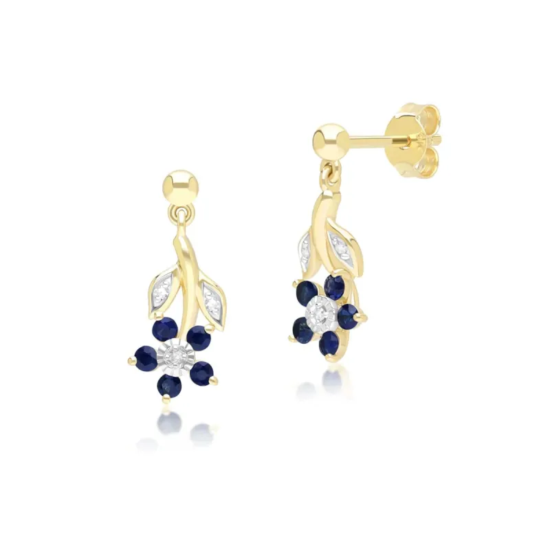 Floral Sapphire & Diamond Drop Earrings in 9ct Yellow Gold sold by Gemondo Jewellery