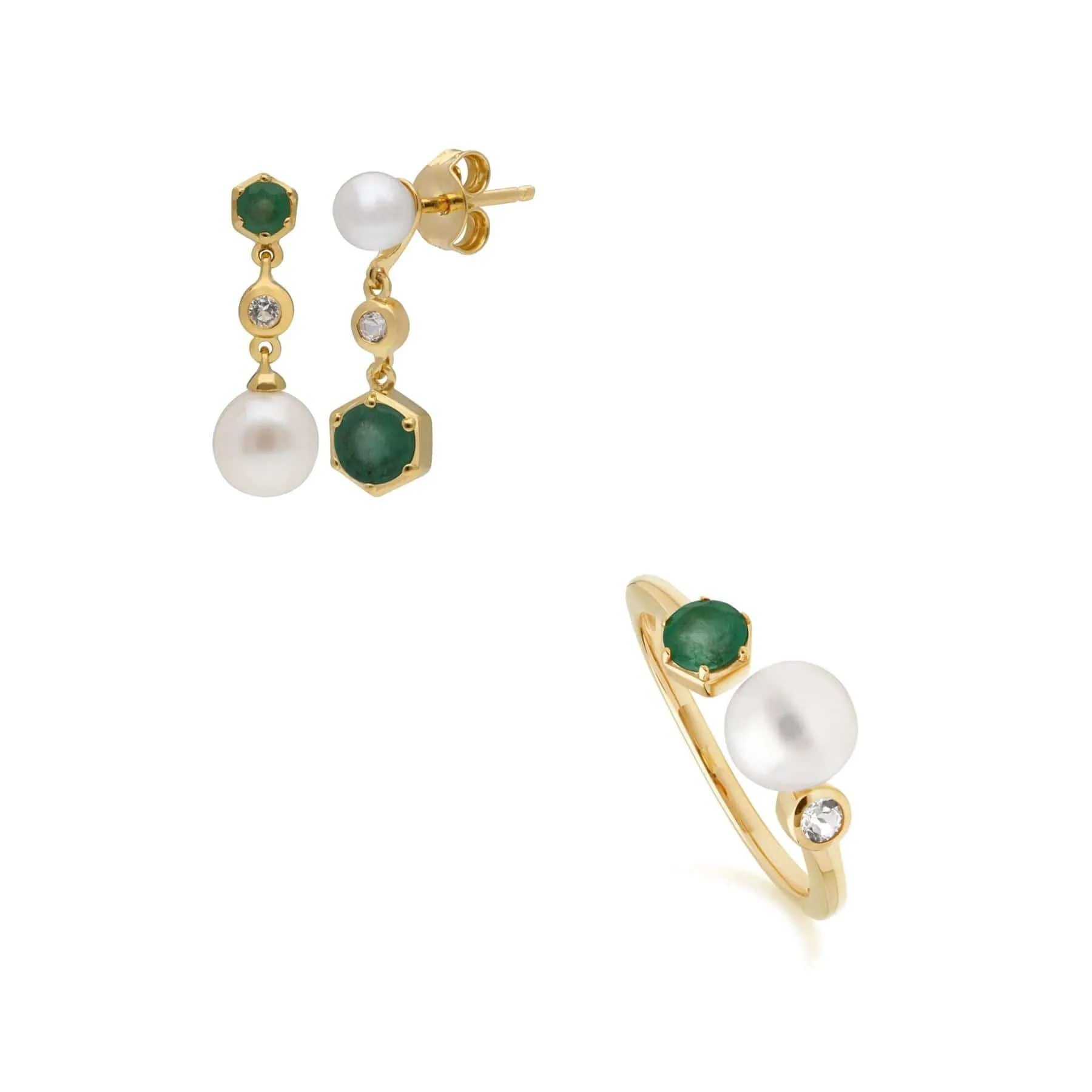 Modern Pearl, Topaz & Emerald Earring & Ring Set in Gold Plated Silver sold by Gemondo Jewellery
