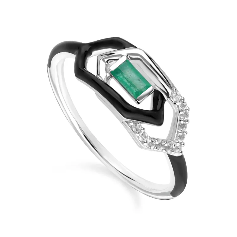 Grand Deco Enamel, White Topaz & Emerald Link Ring in 9ct White Gold sold by Gemondo Jewellery