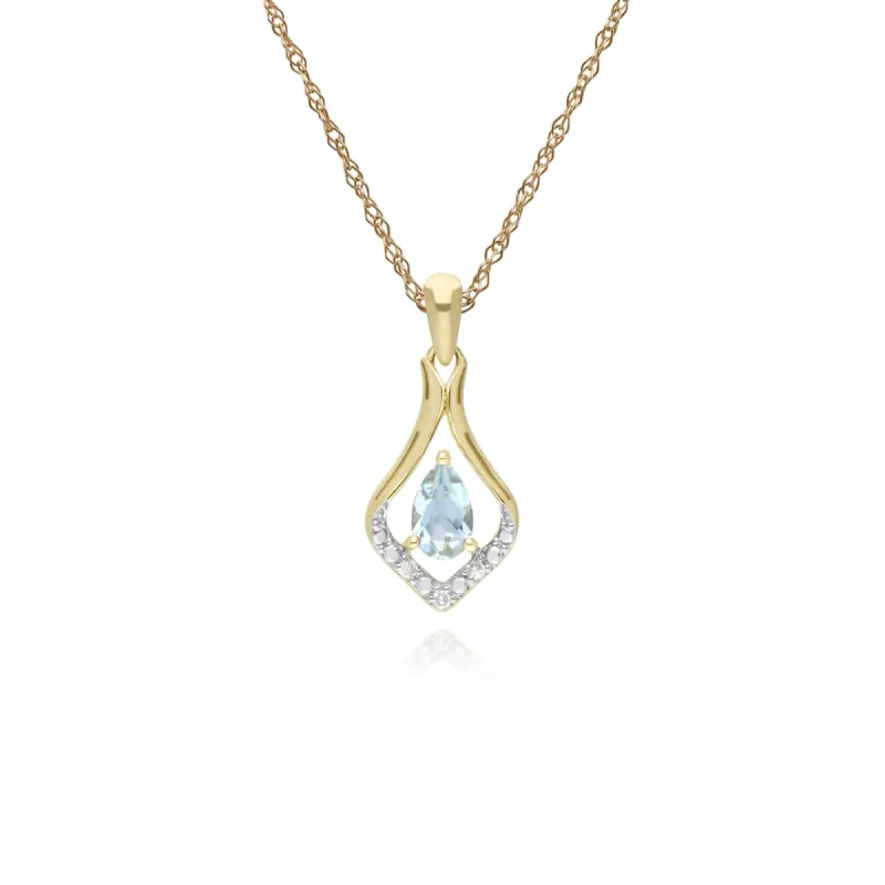 Classic Pear Aquamarine & Three Diamond Leaf Halo Pendant in 9ct Yellow Gold sold by Gemondo Jewellery