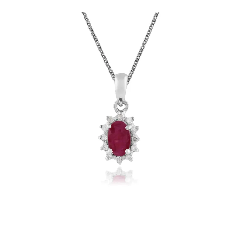 Classic Oval Ruby & Diamond Cluster Pendant in 9ct White Gold sold by Gemondo Jewellery