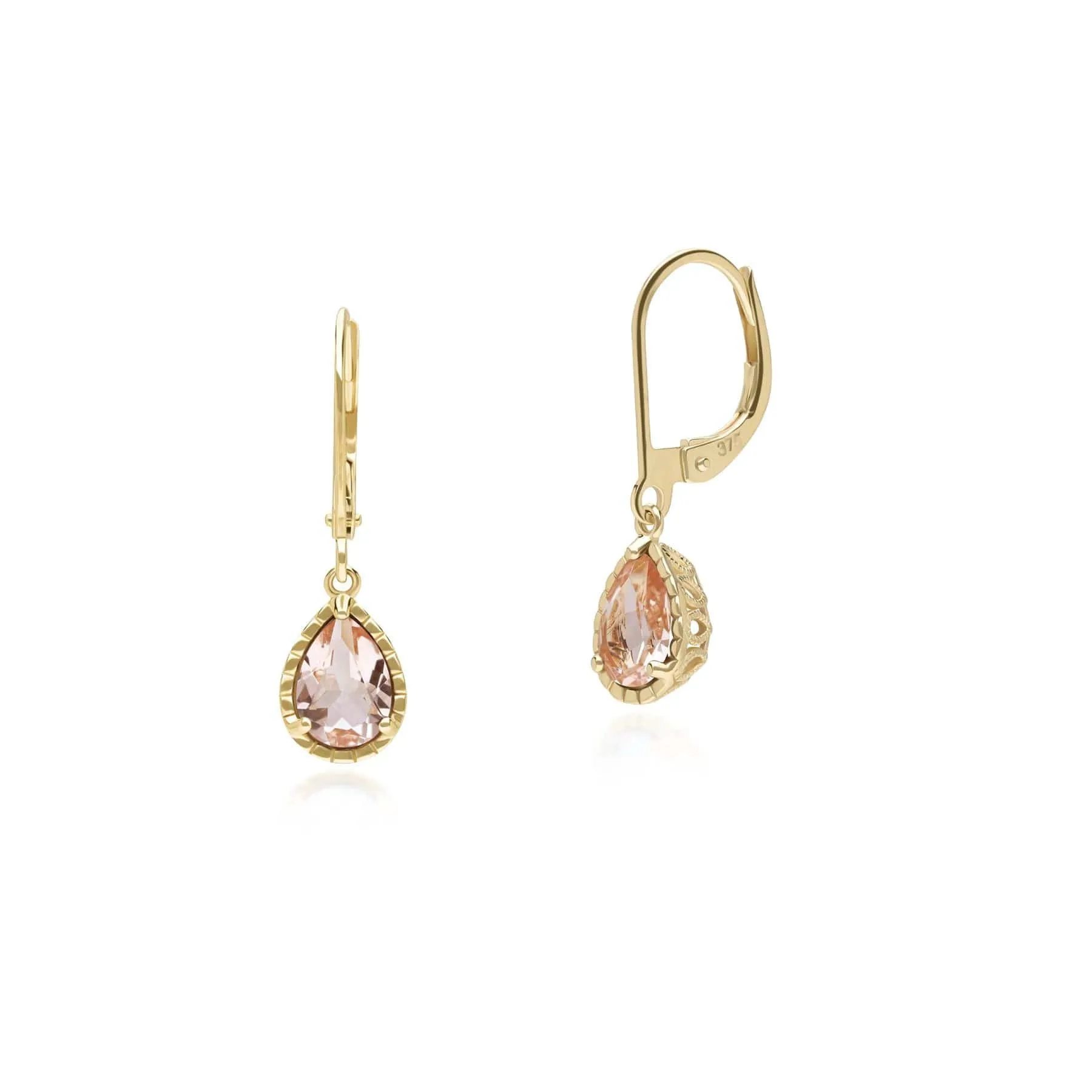 Classic Pear Morganite Dangle Earrings in 9ct Yellow Gold sold by Gemondo Jewellery