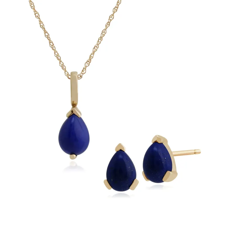 Classic Pear Lapis Lazuli Single Stone Stud Earrings & Pendant Set in 9ct Yellow Gold sold by Gemondo Jewellery