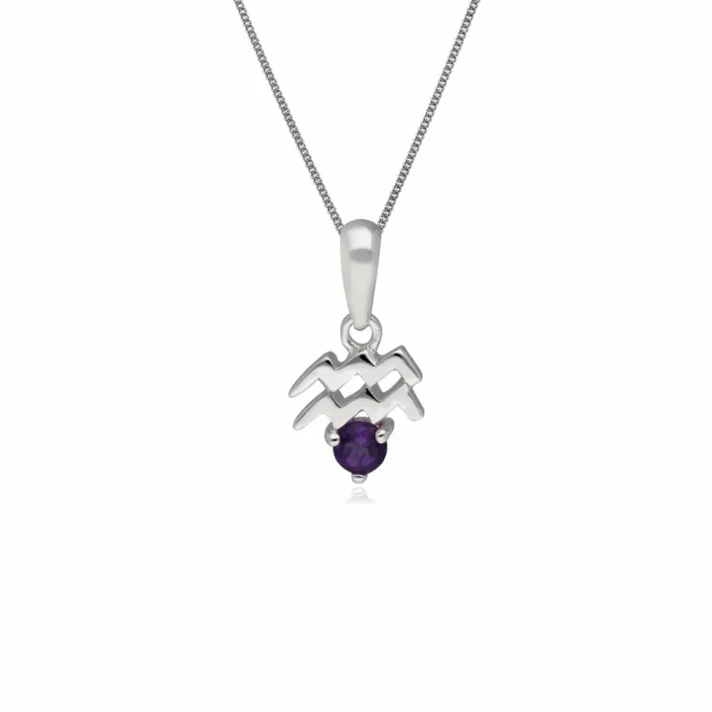 Amethyst Aquarius Zodiac Charm Necklace in 9ct White Gold sold by Gemondo Jewellery