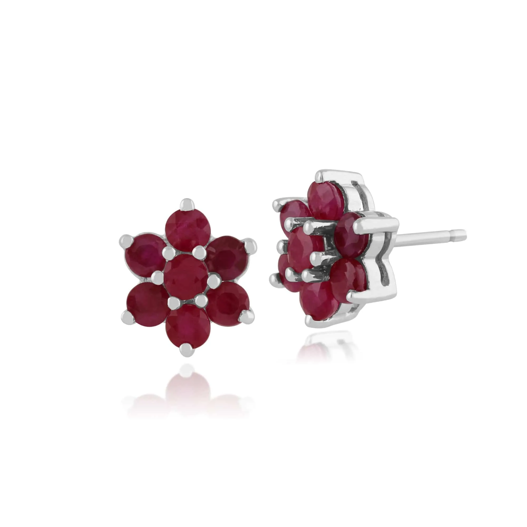 Floral Round Ruby Cluster Stud Earrings in 925 Sterling Silver sold by Gemondo Jewellery