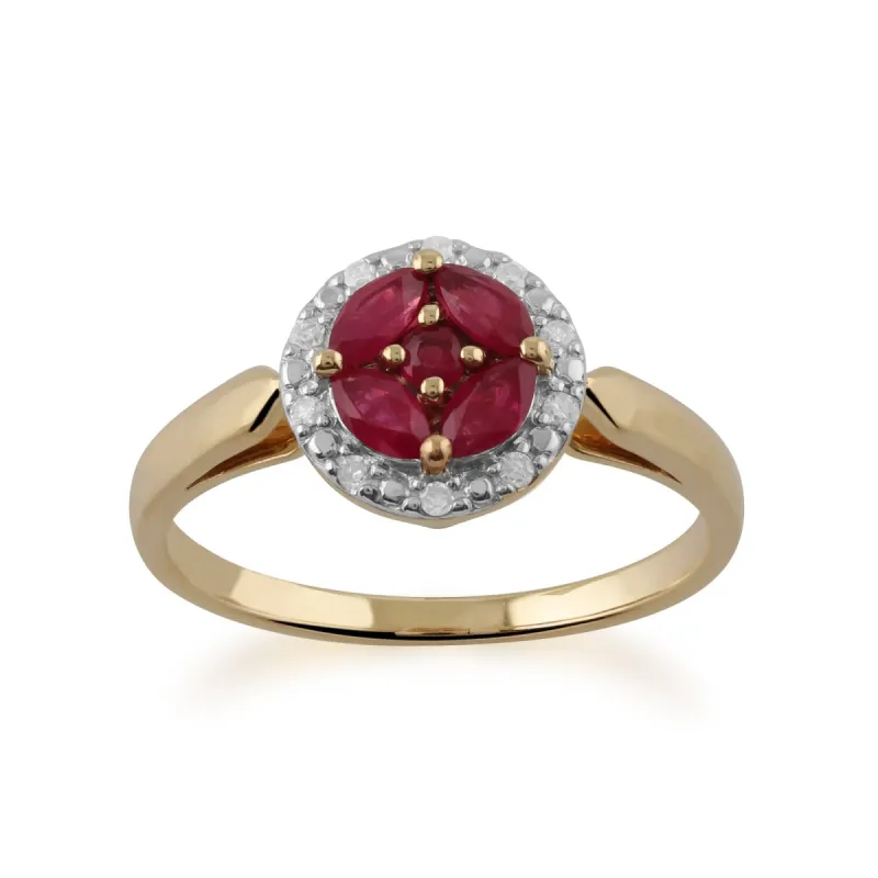 Gemondo 9ct Yellow Gold Ruby Cluster and Diamond Halo Ring sold by Gemondo Jewellery