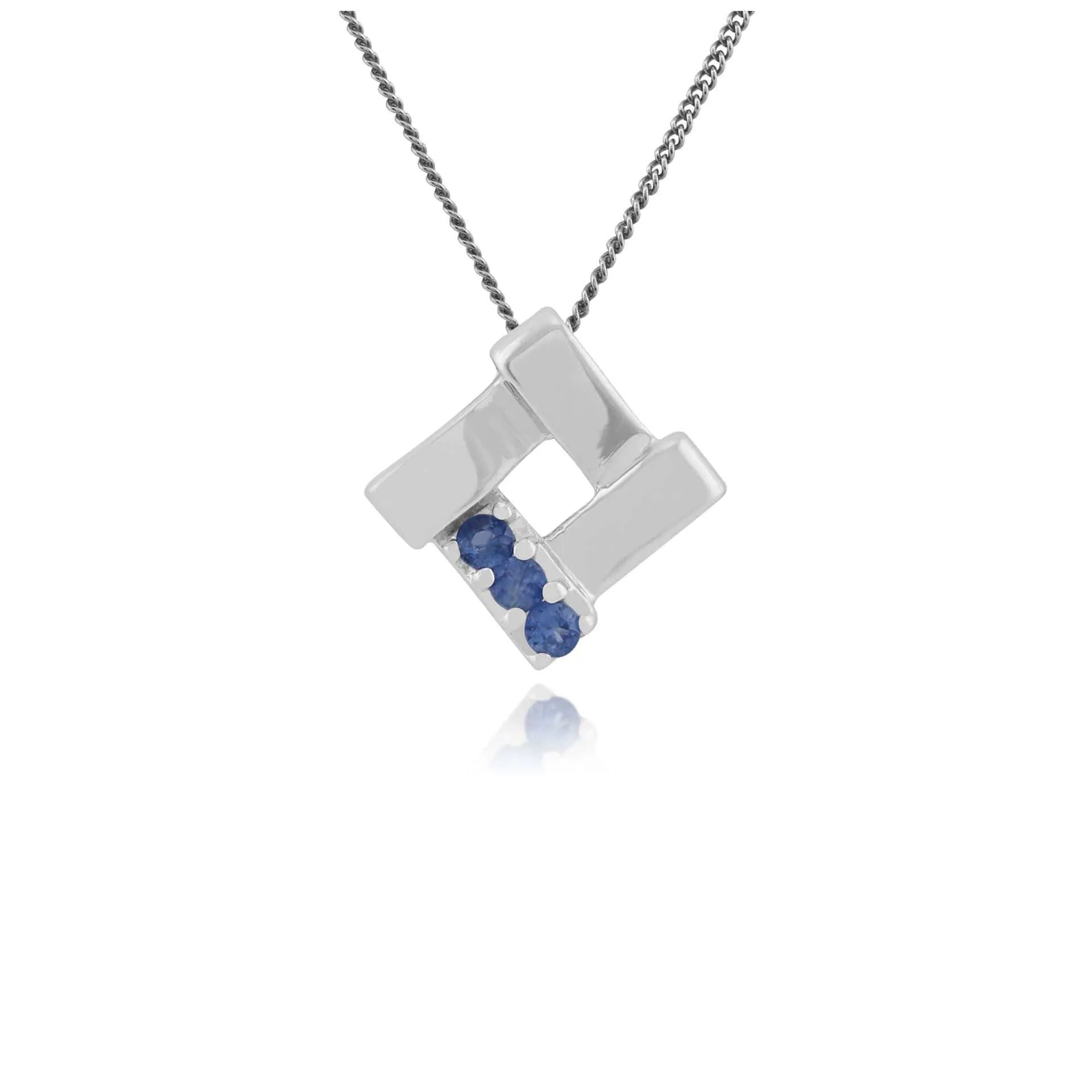 Classic Round Sapphire Three Stone Square Crossover Pendant in 925 Sterling Silver sold by Gemondo Jewellery