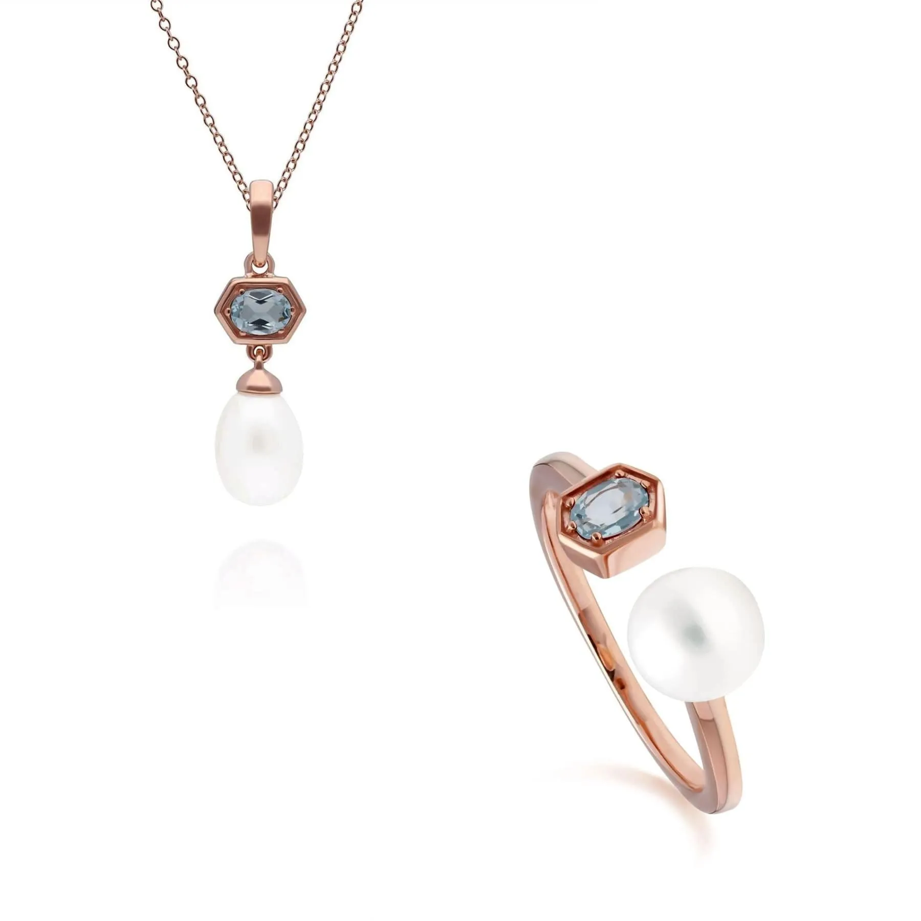 Modern Pearl & Blue Topaz Pendant & Ring Set in Rose Gold Plated Silver sold by Gemondo Jewellery