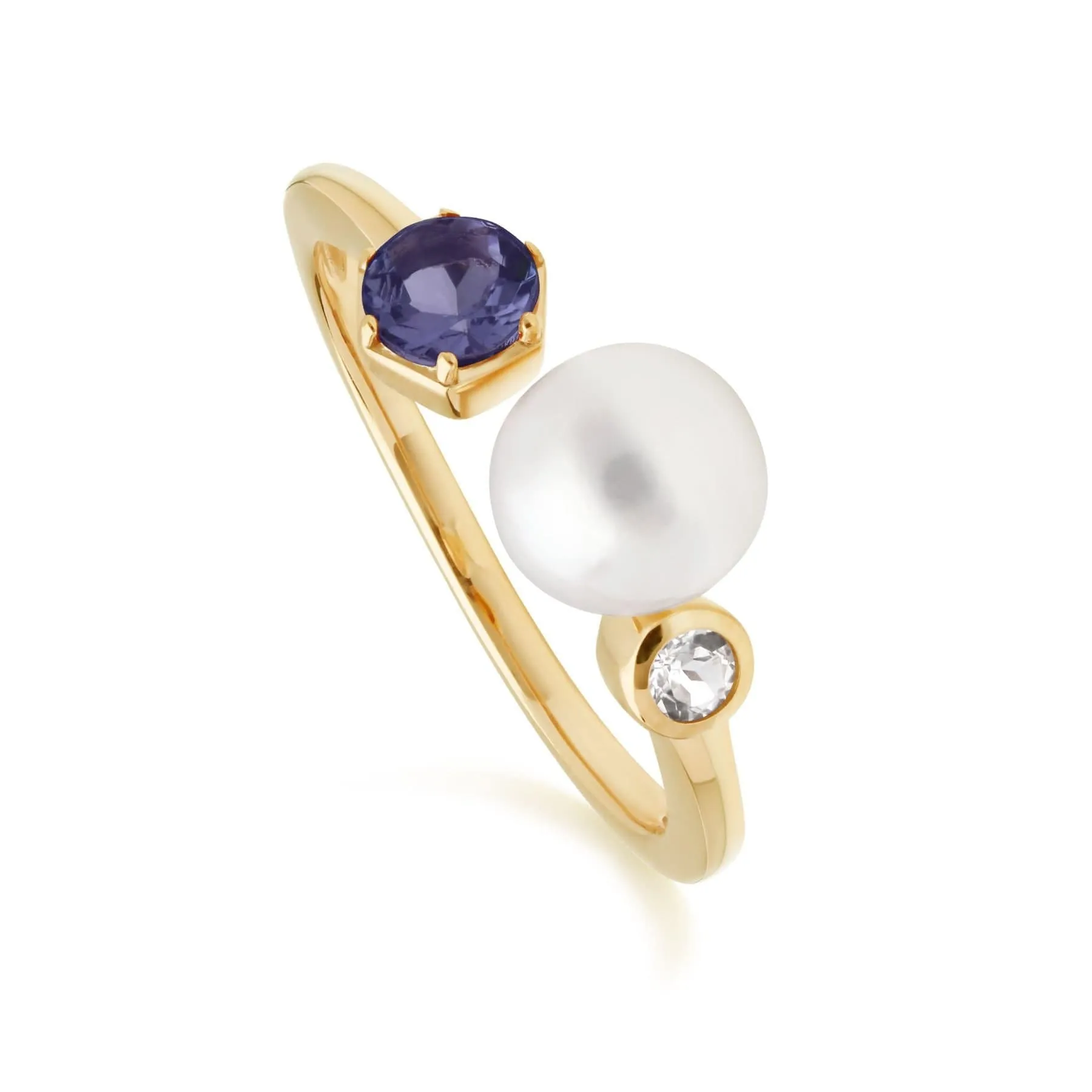 Modern Pearl, Tanzanite & Topaz Open Ring in Gold Plated Silver sold by Gemondo Jewellery