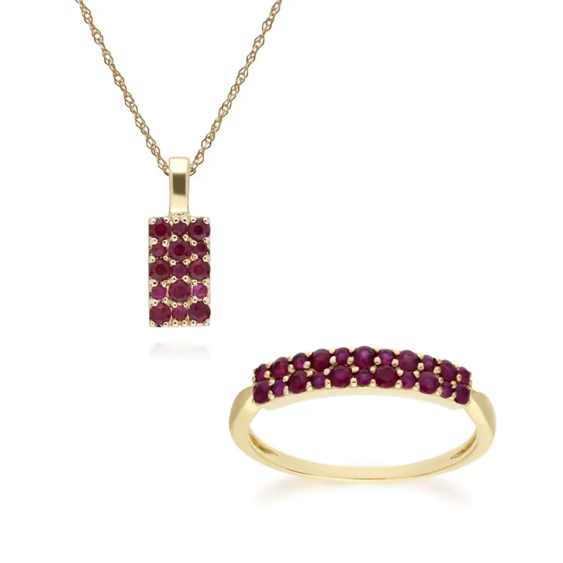 Classic Round Ruby Cluster Panel Ring & Pendant Set in 9ct Yellow Gold sold by Gemondo Jewellery