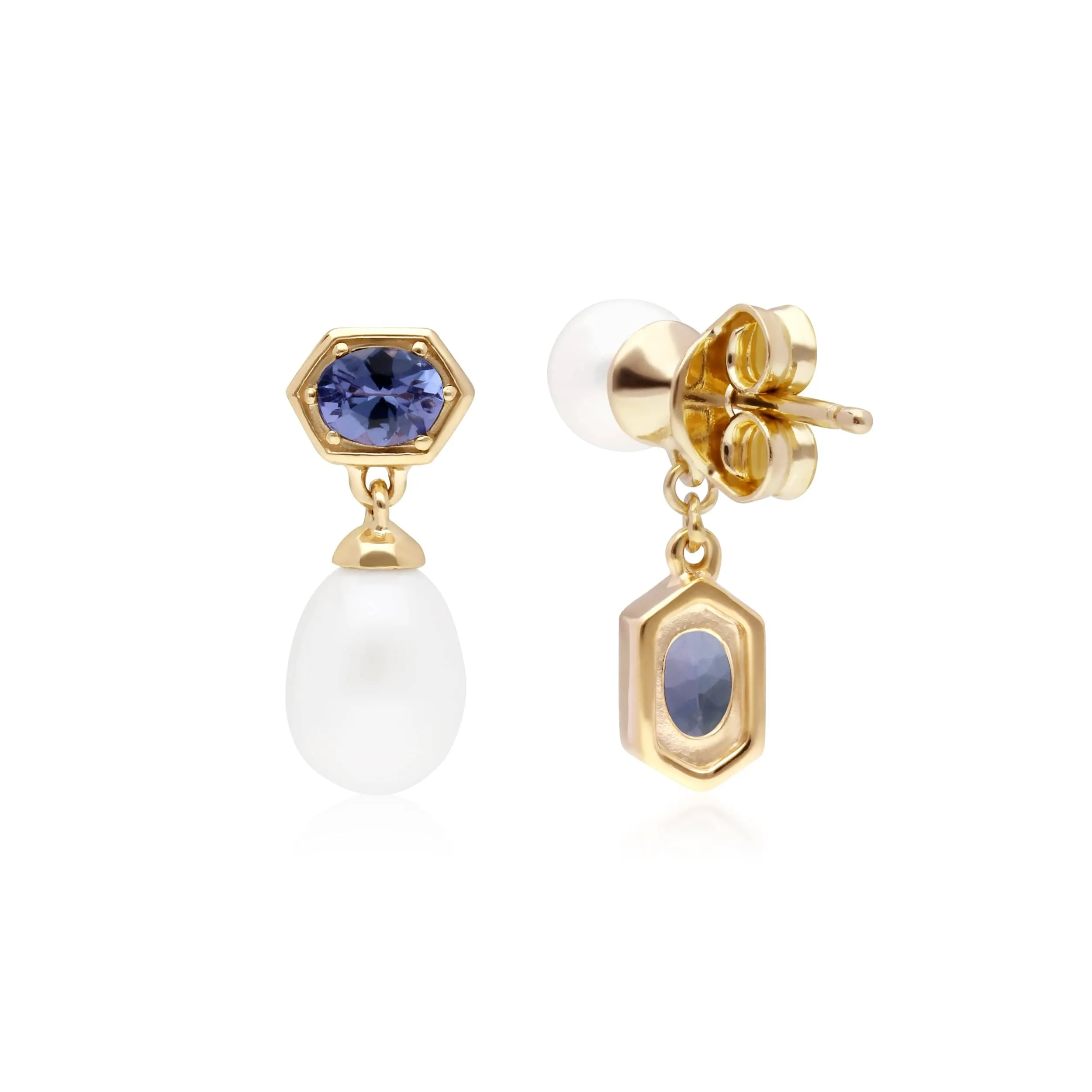 Modern Pearl & Tanzanite Mismatched Drop Earrings in Gold Plated Silver sold by Gemondo Jewellery product image thumbnail 2