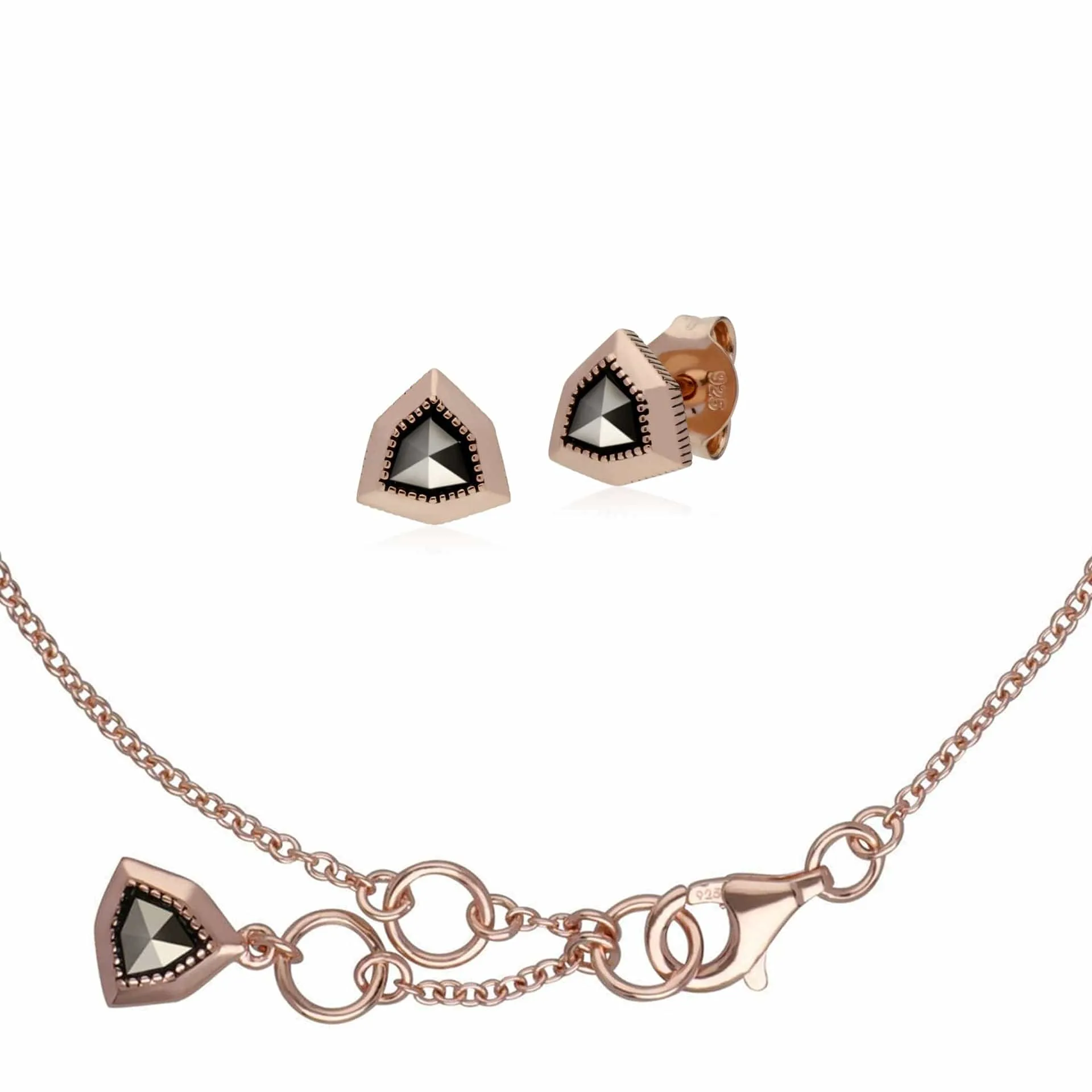 Rose Gold Plated Marcasite Shield Design Stud Earrings & Bracelet in 925 Sterling Silver sold by Gemondo Jewellery